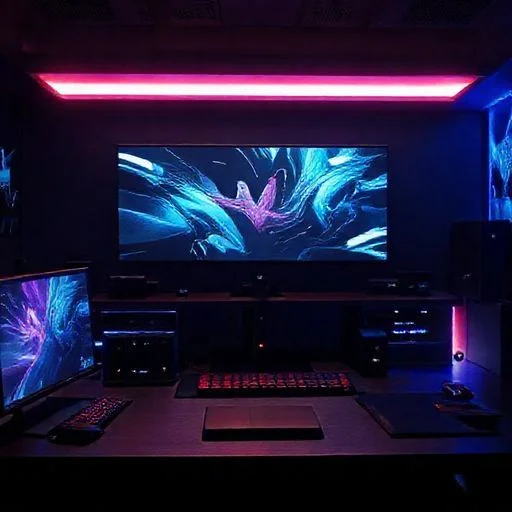 Abstract digital landscape with geometric structures and light trails